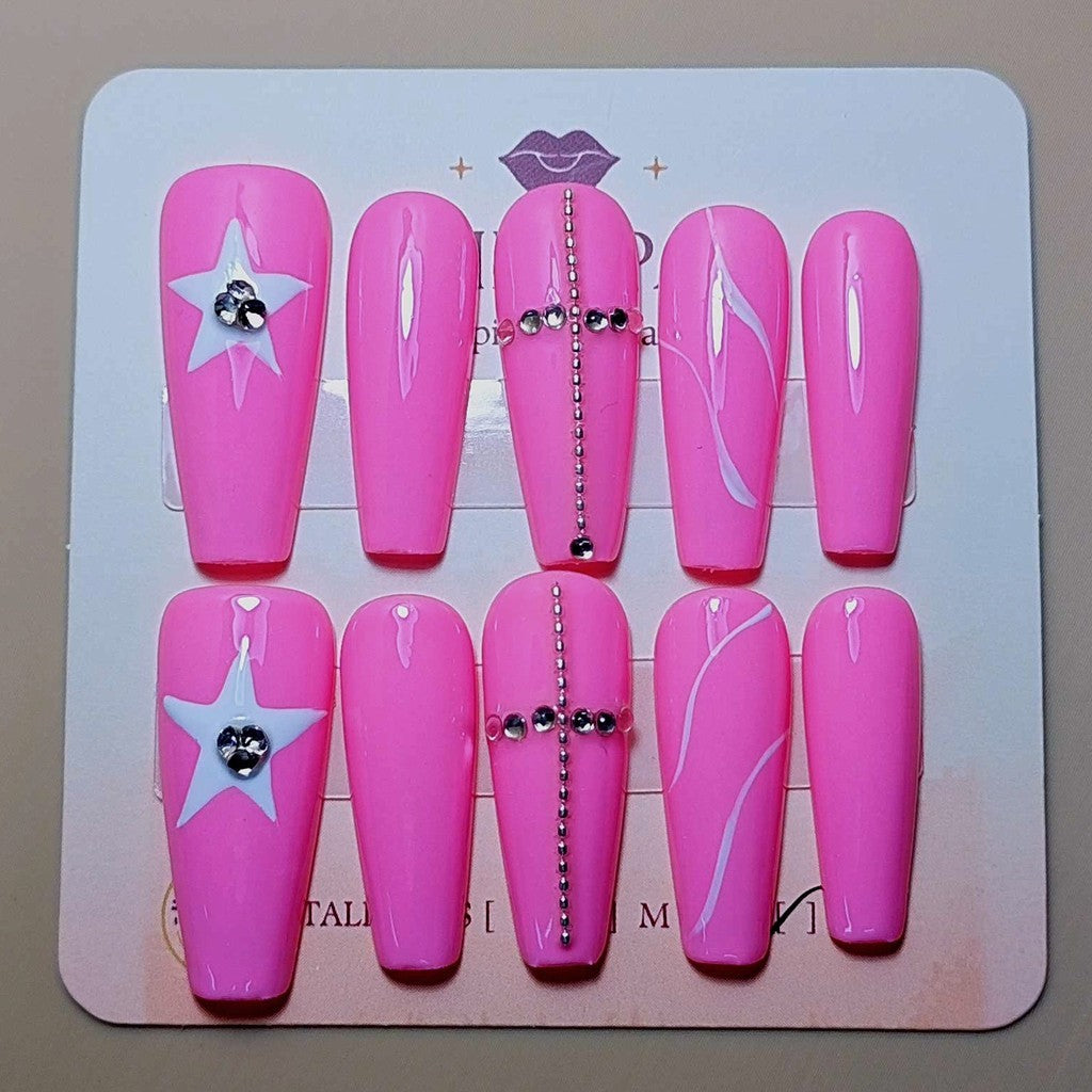 Set Baño Rosa con Estrella — uñas press on glam hechas a mano