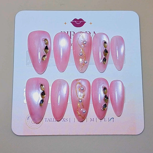 Set Cristales en Mar Rosa — uñas press on glam hechas a mano