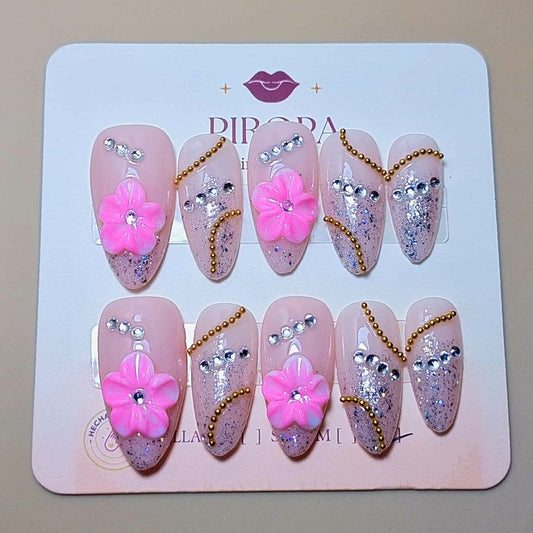 Set Jardín de Cristal — uñas press on glam hechas a mano