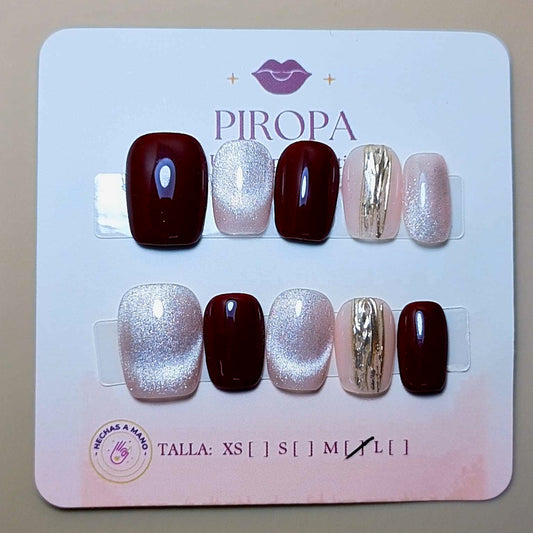 Set Elegancia Borgoña — uñas press on glam hechas a mano