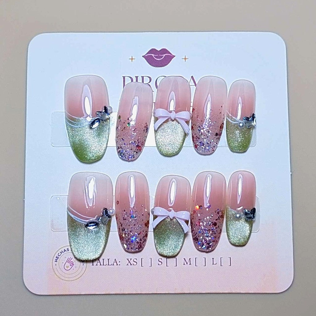 Set Lazo de Menta Petit — uñas press on glam hechas a mano