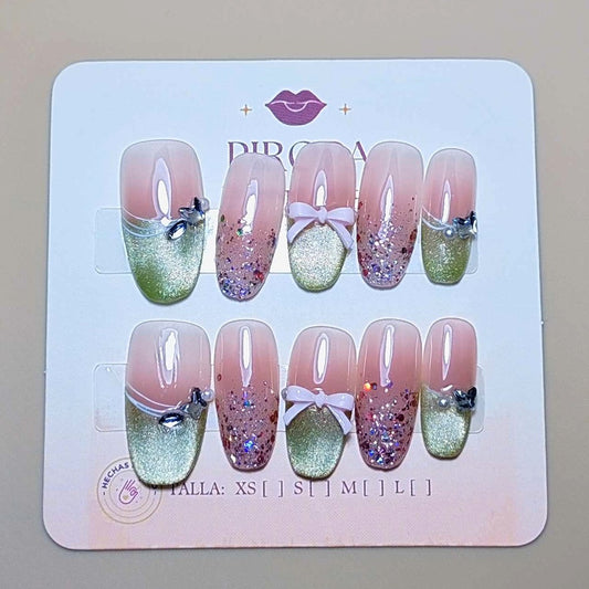 Set Lazo de Menta Petit — uñas press on glam hechas a mano