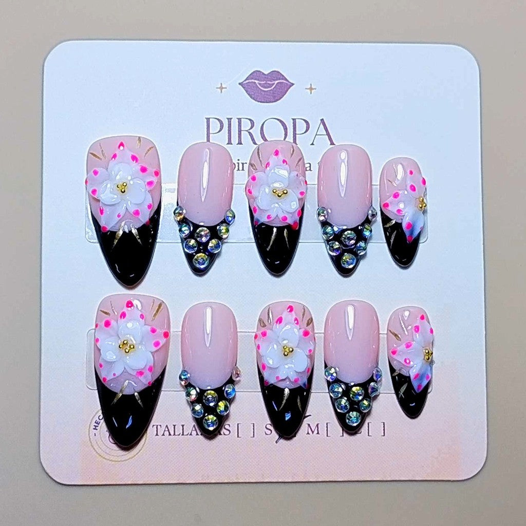 Set Reina de Ébano — uñas press on francesa hechas a mano