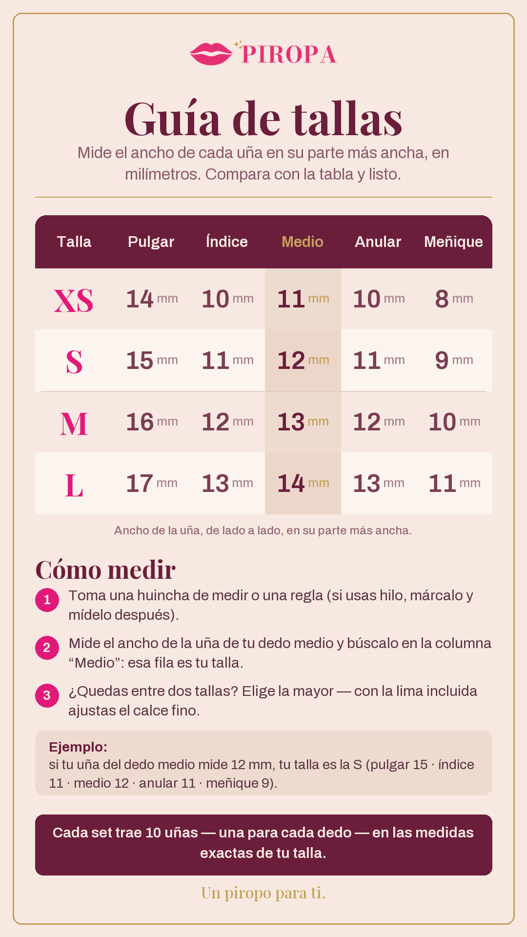 Guía de tallas Piropa: ancho de uña en milímetros para XS, S, M y L